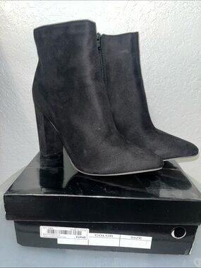 SHEIN Black Suede Pointed Toe Block Heel Ankle Boots